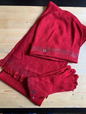 Calvin Klein Red Knit Scarf & Gloves Set OS Rhinestone CK Logo Winter Gift Set